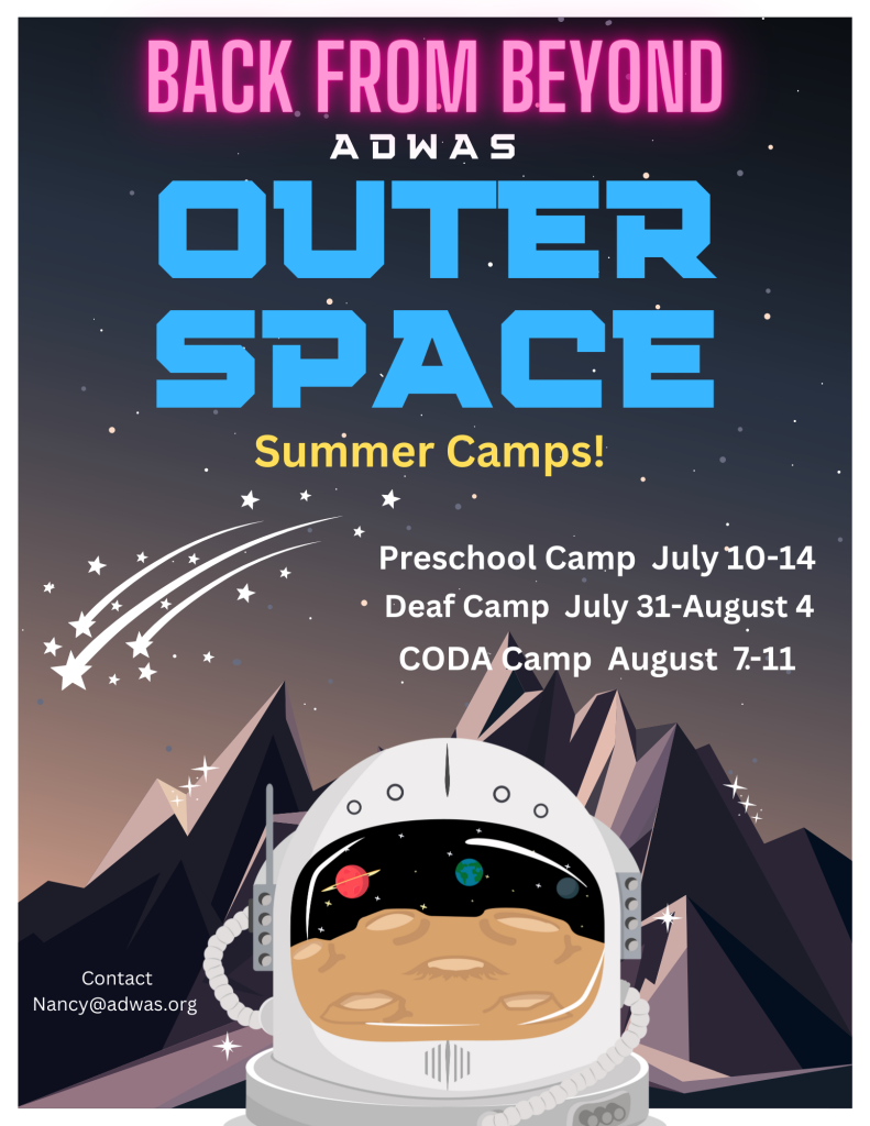 A flyer for ADWAS' children summer camps. The theme is Outer Space and shows an astronaut looking into space