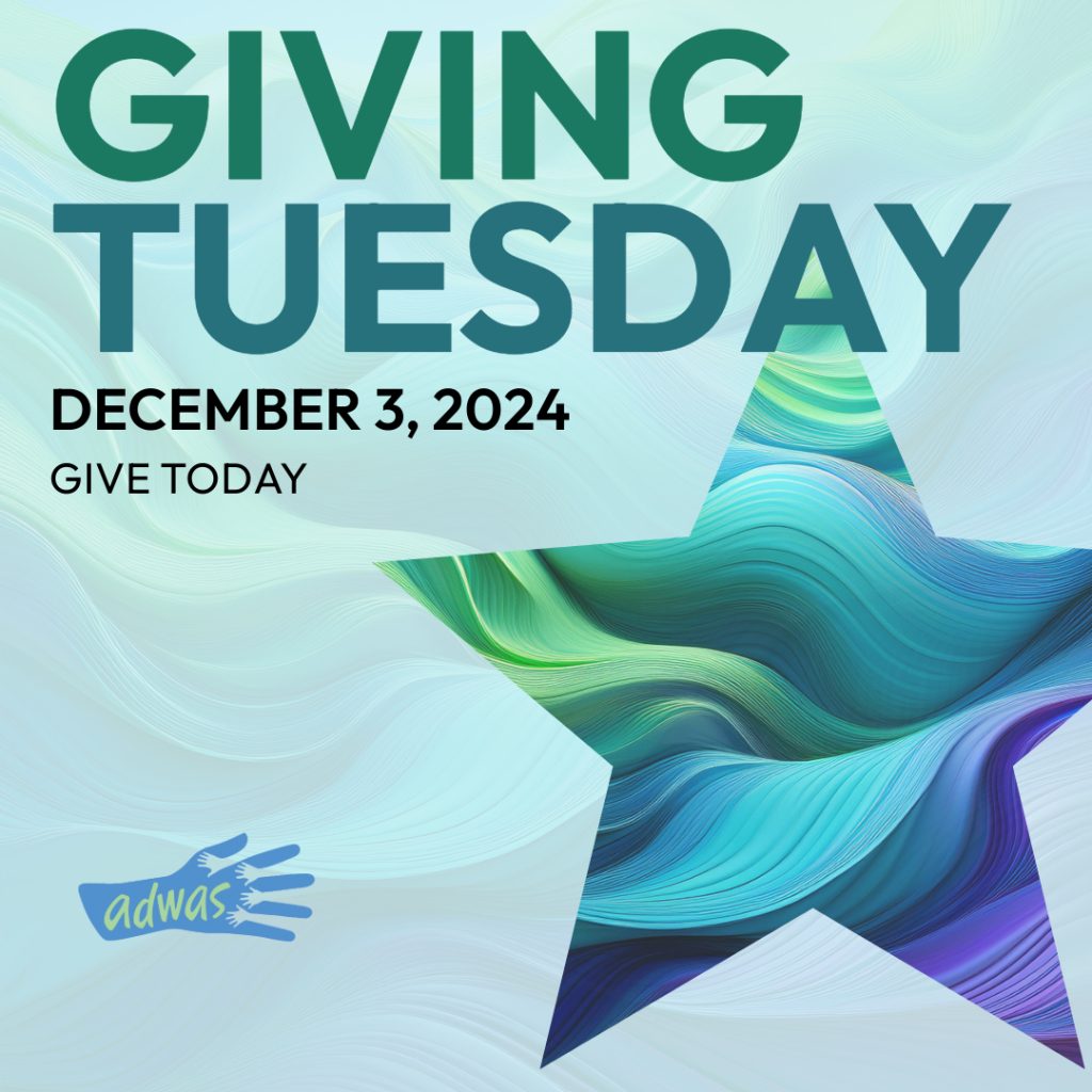 Square post with light blue, green, purple waves background. Top Text in bold green reads, “GIVING”, next line, “TUESDAY” in bold blue color. Next line, “DECEMBER 3, 2024” in bold black text and next line, “GIVE TODAY” in light thin black font. On right side, is big star filled with dark bold blue, green, and purple color waves. On the lower left corner, ADWAS logo.