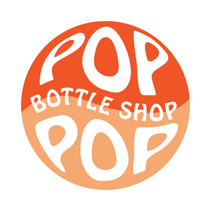Duo light and dark orange circle with white text "Pop Bottle Shop Pop"
