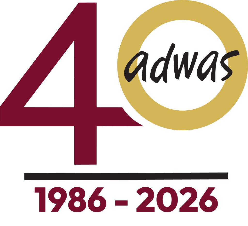 ADWAS 40th anniversary logo showing a large red “4” and a gold “0” with the ADWAS logo inside. The years 1986–2026 mark 40 years of ADWAS.