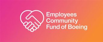 Pinkish orange gradient background with hands clenched in heart shape and white font reads Employees Community Fund of Boeing